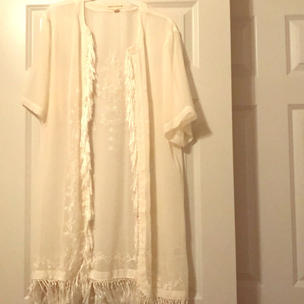 Sheer kimono with embroidery & fringe